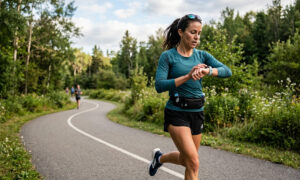 Athlete checking heart rate on GPS watch during a run