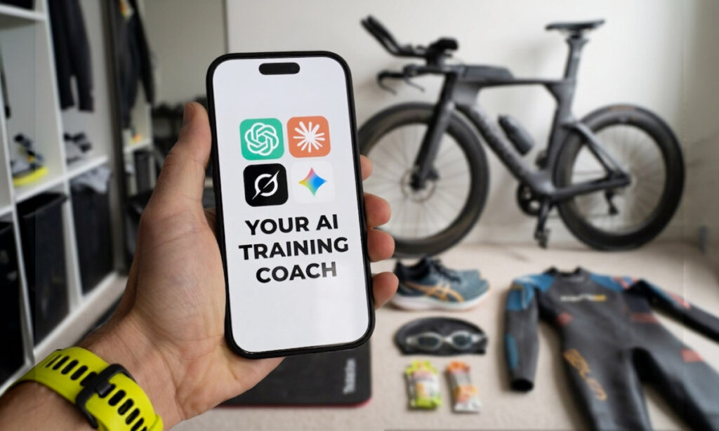 Athlete reviewing a training plan on a smartphone with a triathlon bike and gear in the background