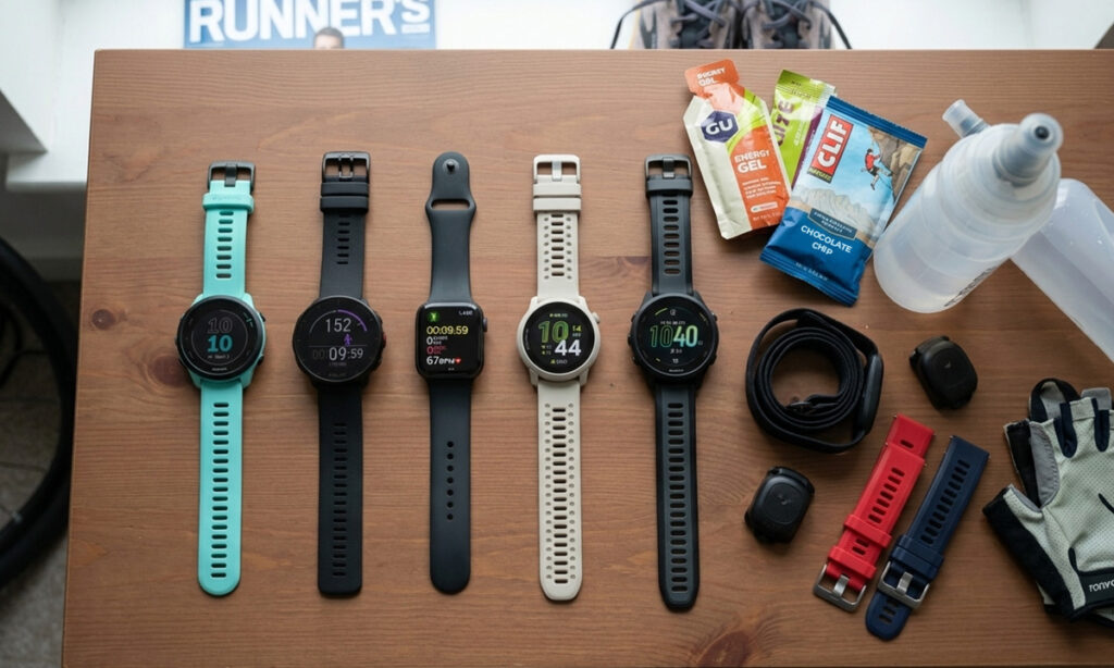 Garmin Forerunner 55, 165, Polar, Coros Pace and Apple Watch watches on a flat surface
