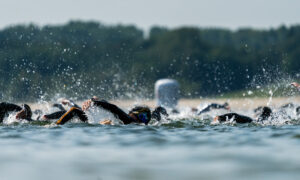 triathletes swimming in open water
