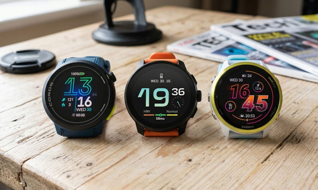 Garmin, Coros and Suunto GPS watches on a table