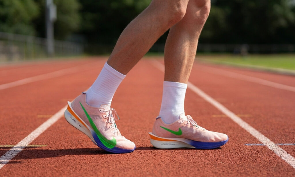 Carbon plate running shoes for beginners on a track
