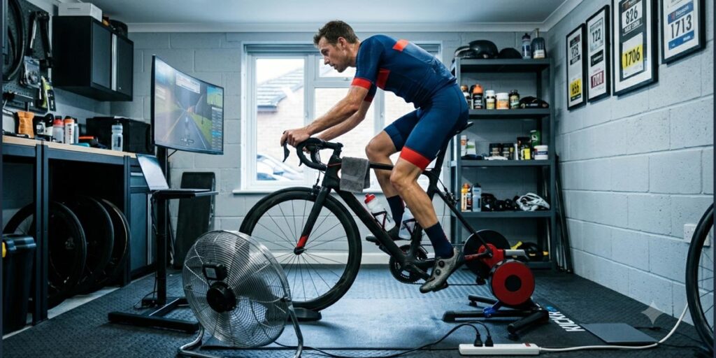a man, cycling indoors using an indoor trainer