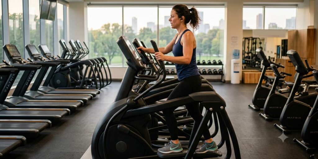 a woman working out in a elliptical in a gym