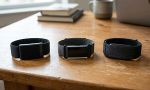 Three screenless fitness trackers side by side on a desk