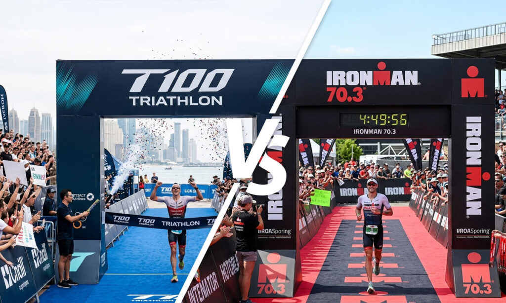 T100 vs Ironman 70.3 finishing lines, side by side comparison