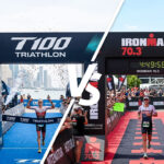 T100 vs Ironman 70.3 finishing lines, side by side comparison