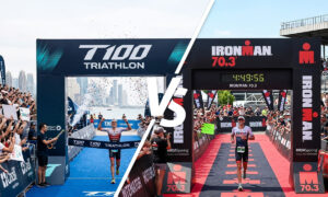 T100 vs Ironman 70.3 finishing lines, side by side comparison