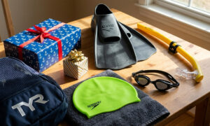 swim gear including goggles, cap and pull buoy laid out for a gift guide