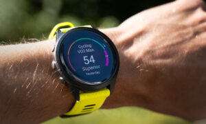 athlete checking VO2 max on a GPS watch