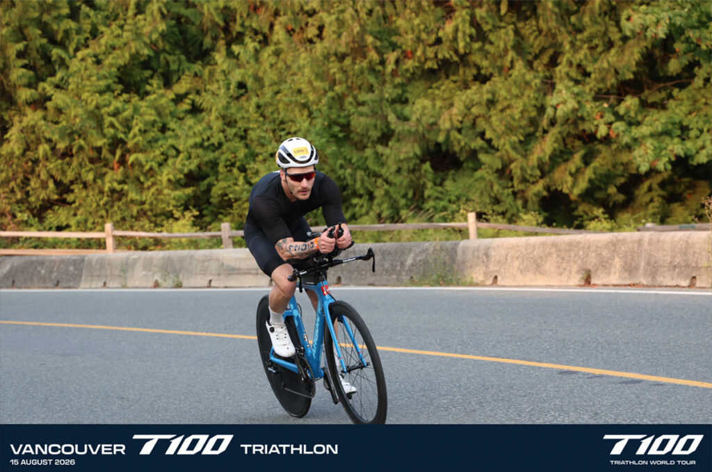  age-group cyclists riding the UBC loop section of the T100 Vancouver Olympic distance course