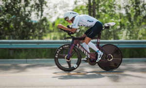 triathlete during a bike leg in a triathlon