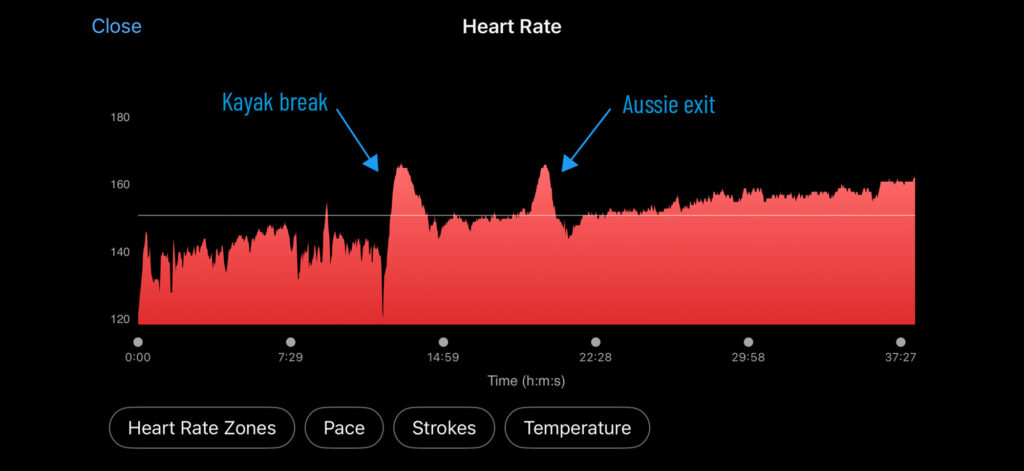 heart rate chart during the T100 Vancouver Olympic distance swim showing recovery dips before the Aussie exit
