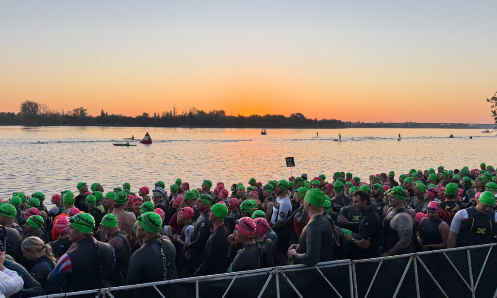 athletes waiting to get into the water during the 2026 Ironman 70.3 Washington Tri-Cities