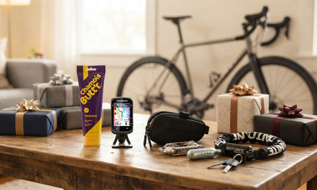 gift ideas for beginner cyclists laid out