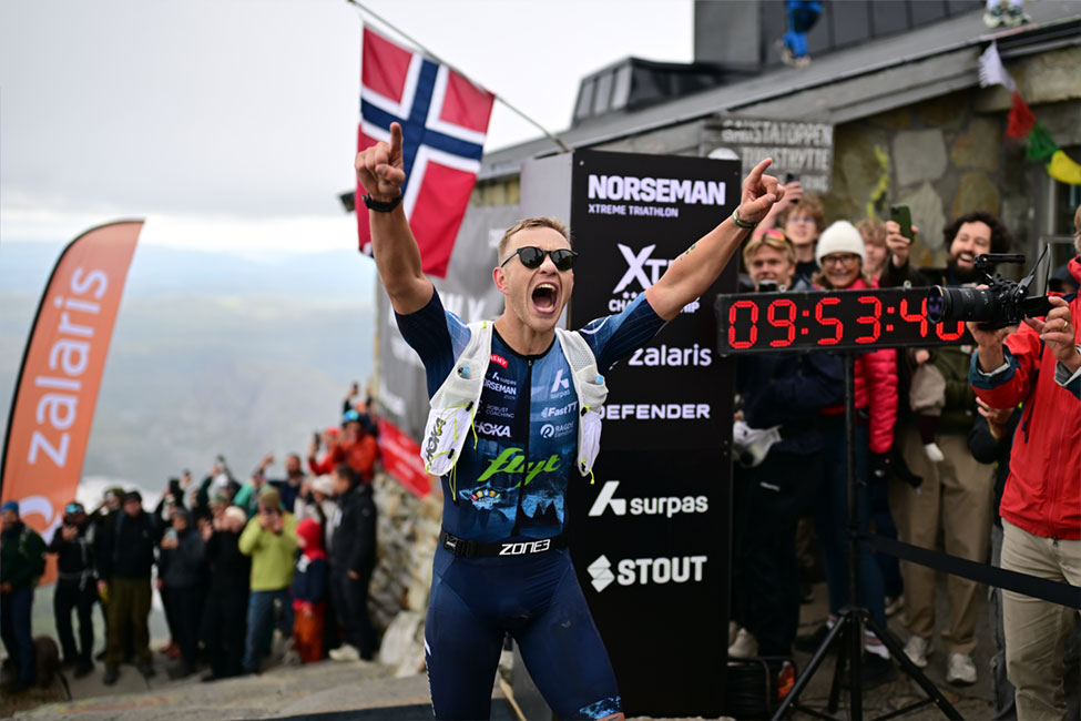 Athlete crossing he finish line during the 2026 Norseman