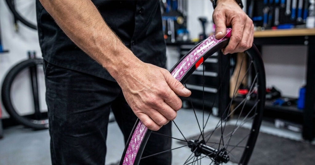 Tubeless rim tape applied to a road rim with the overlap near the valve hole