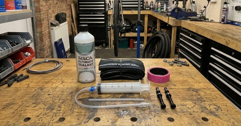 Tubeless tire parts laid out: tire, rim tape, valve and sealant bottle